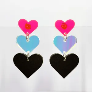Triple Heart Earrings - Neon Pink, Iridescent & Matte Black