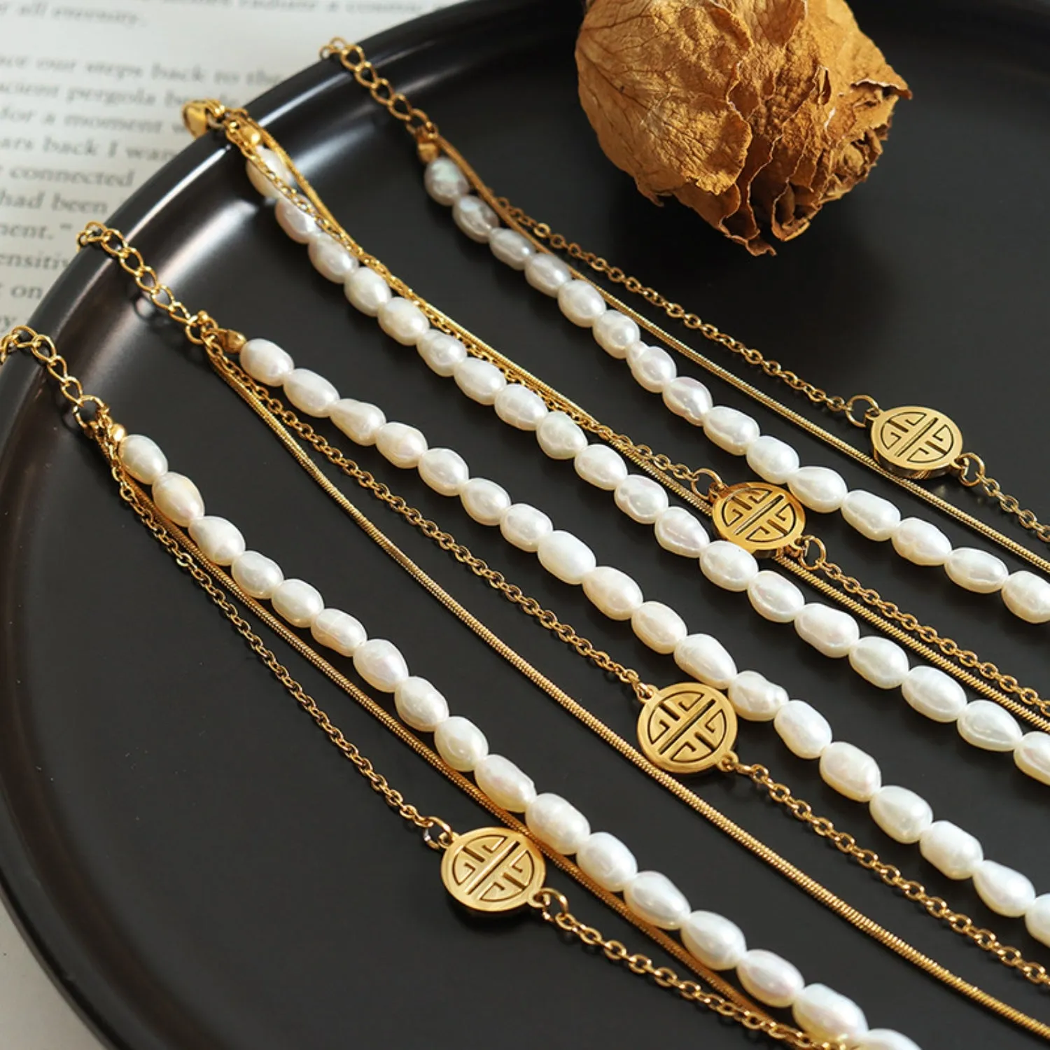 Triple Strand Pearl Charm Bracelet