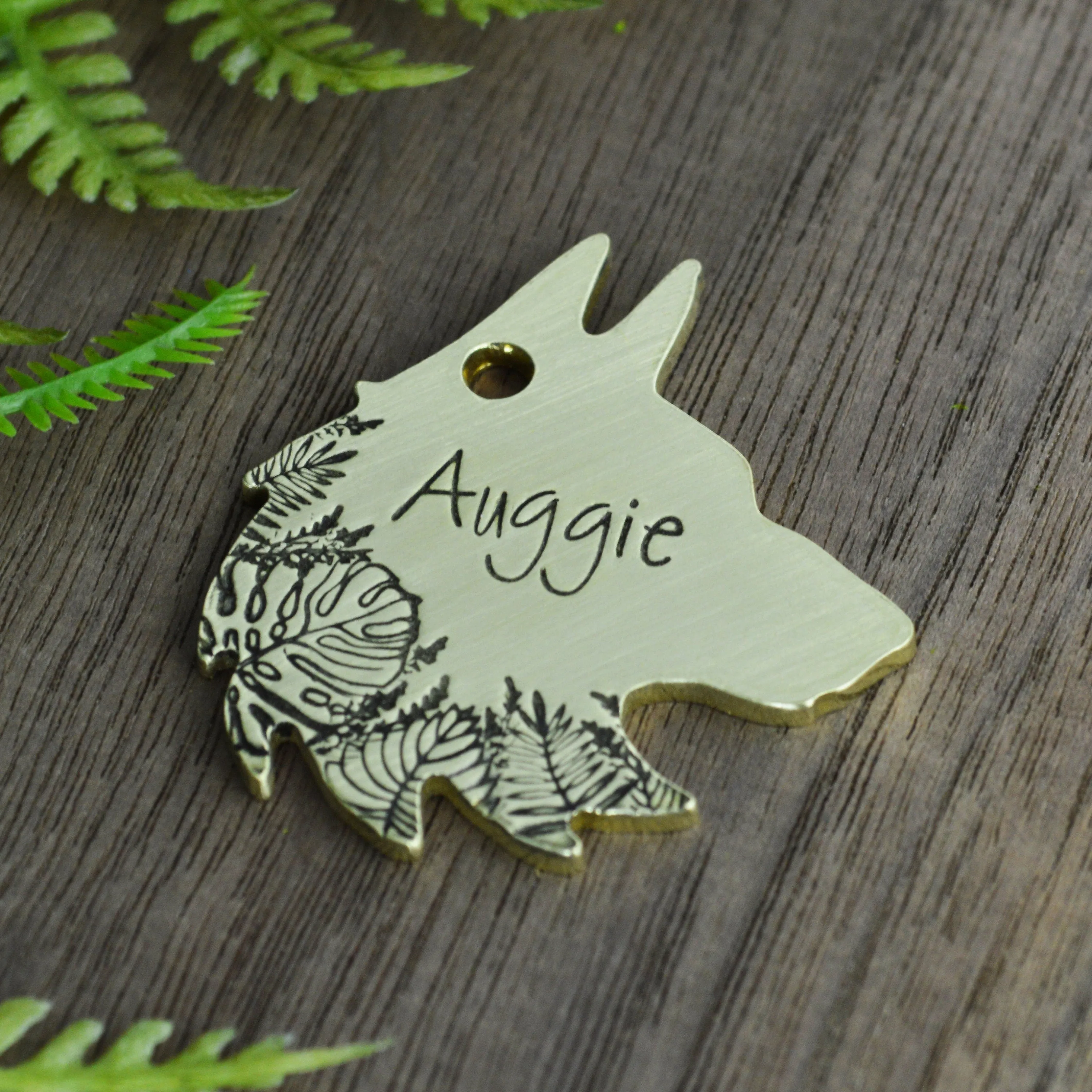 Tropical Wolf Hand Stamped Dog Collar Tag