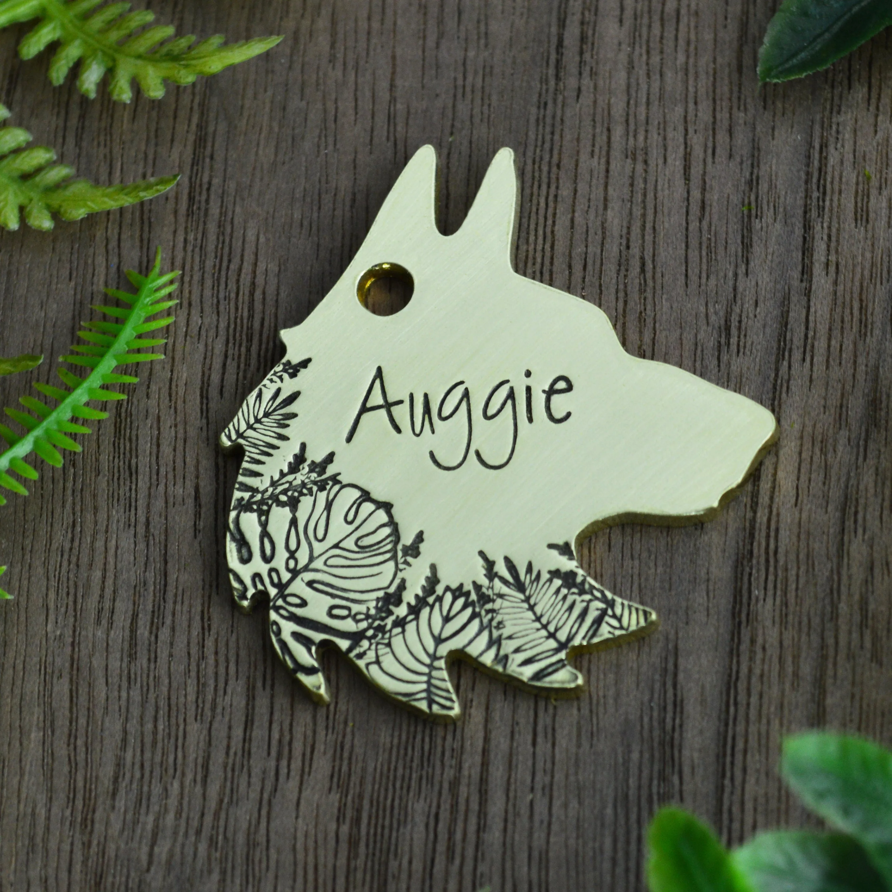 Tropical Wolf Hand Stamped Dog Collar Tag