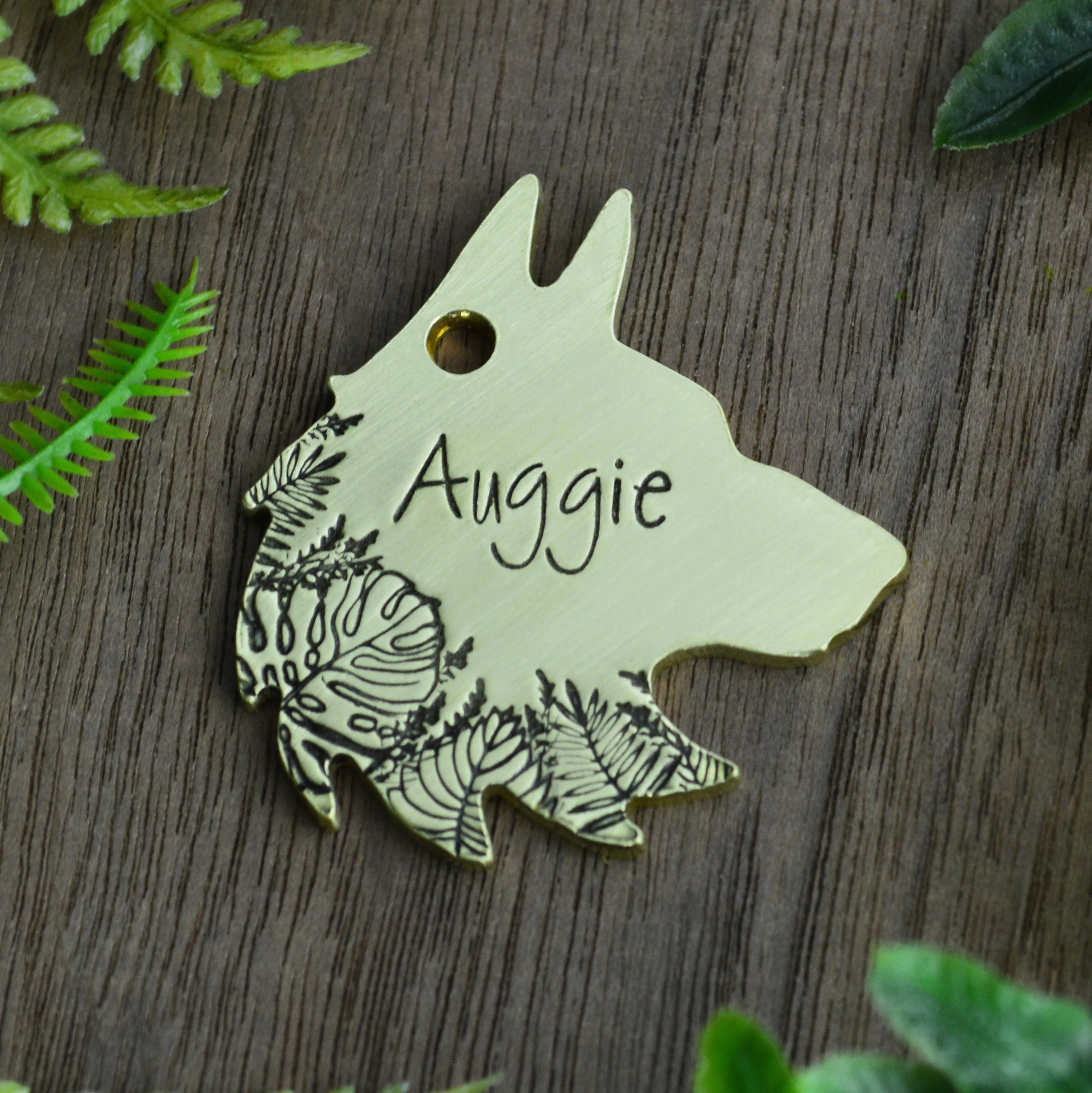 Tropical Wolf Hand Stamped Dog Collar Tag