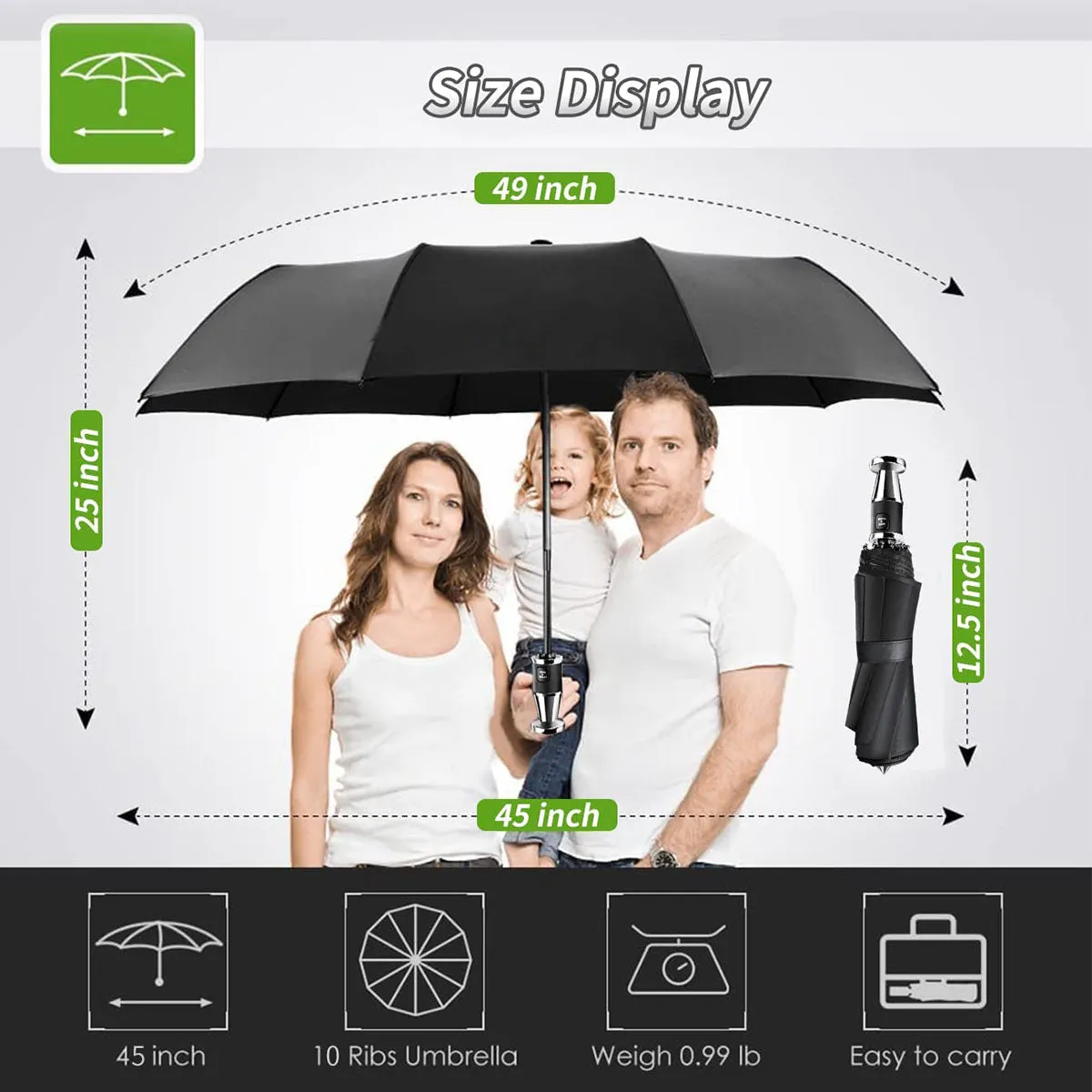 Umbrella for All Cars, 10 Ribs Umbrella Windproof Automatic Folding Umbrella, One-handed use, Rain and Sun Protection, Car Accessories NS13993