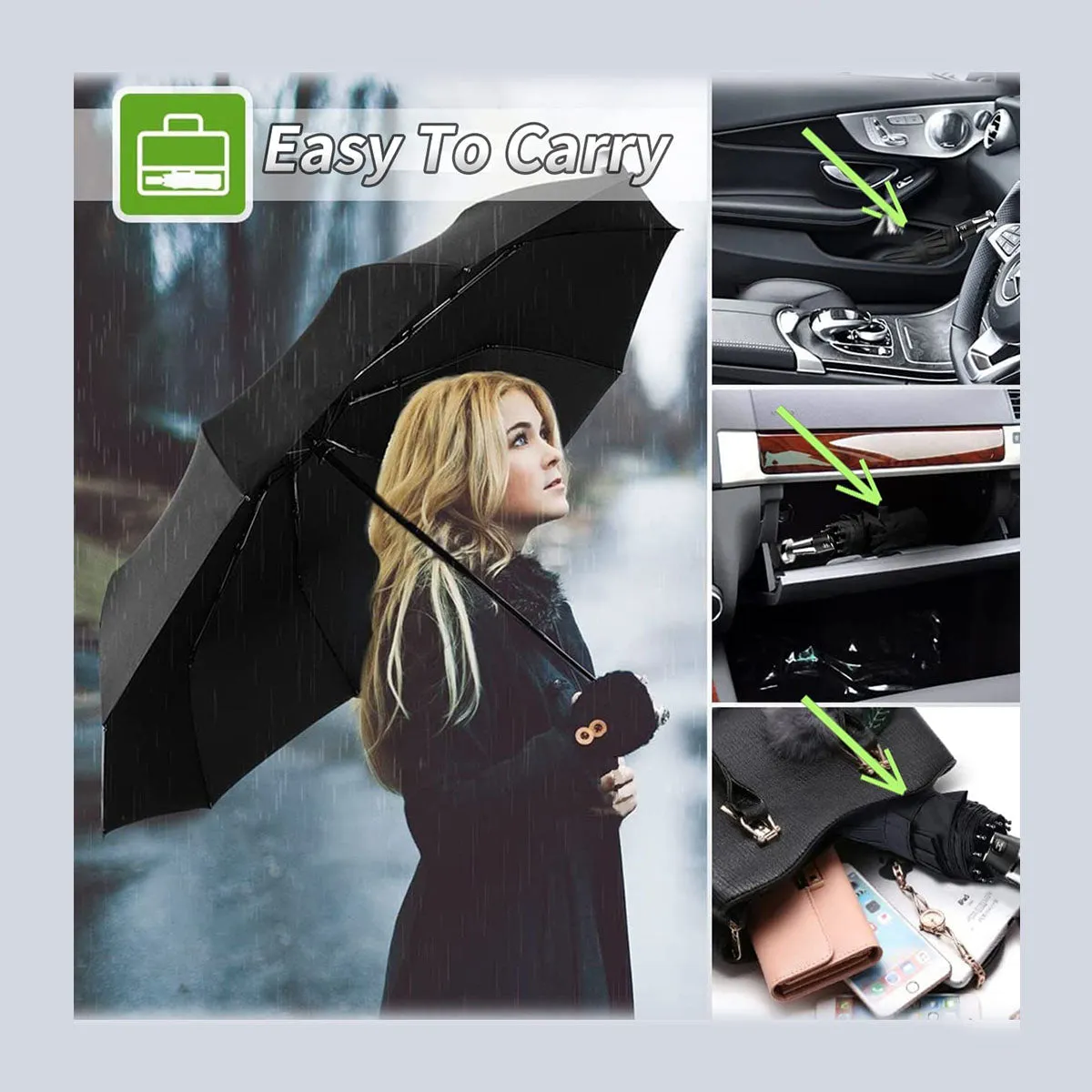 Umbrella for All Cars, 10 Ribs Umbrella Windproof Automatic Folding Umbrella, One-handed use, Rain and Sun Protection, Car Accessories NS13993