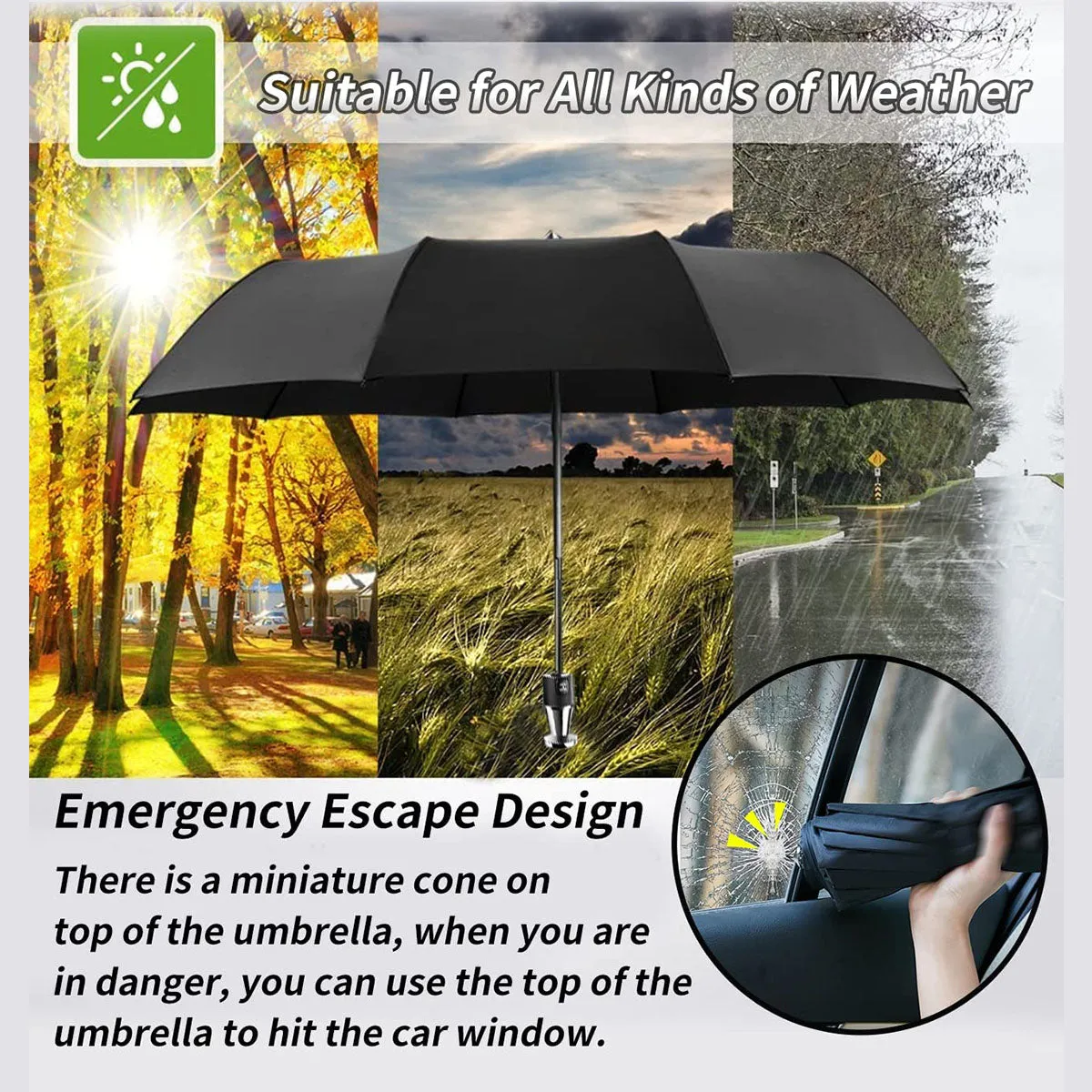 Umbrella for All Cars, 10 Ribs Umbrella Windproof Automatic Folding Umbrella, One-handed use, Rain and Sun Protection, Car Accessories NS13993