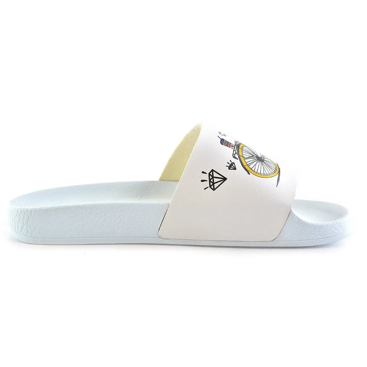 White Colored, and Black Bicycle Patterned, Love Will Find a Way Written Patterned Sandal - CAP109