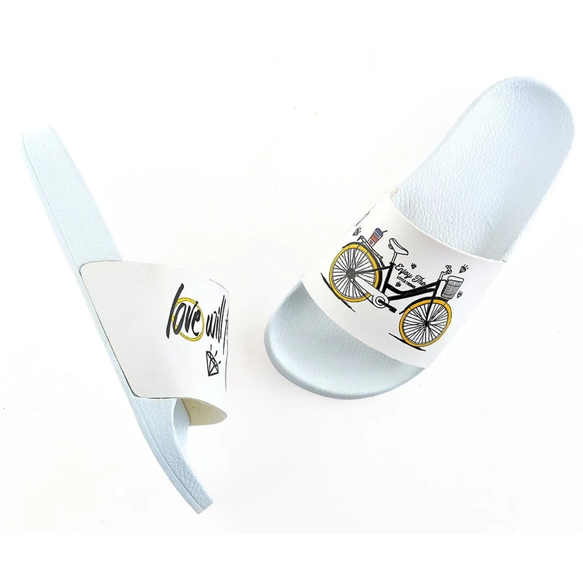 White Colored, and Black Bicycle Patterned, Love Will Find a Way Written Patterned Sandal - CAP109