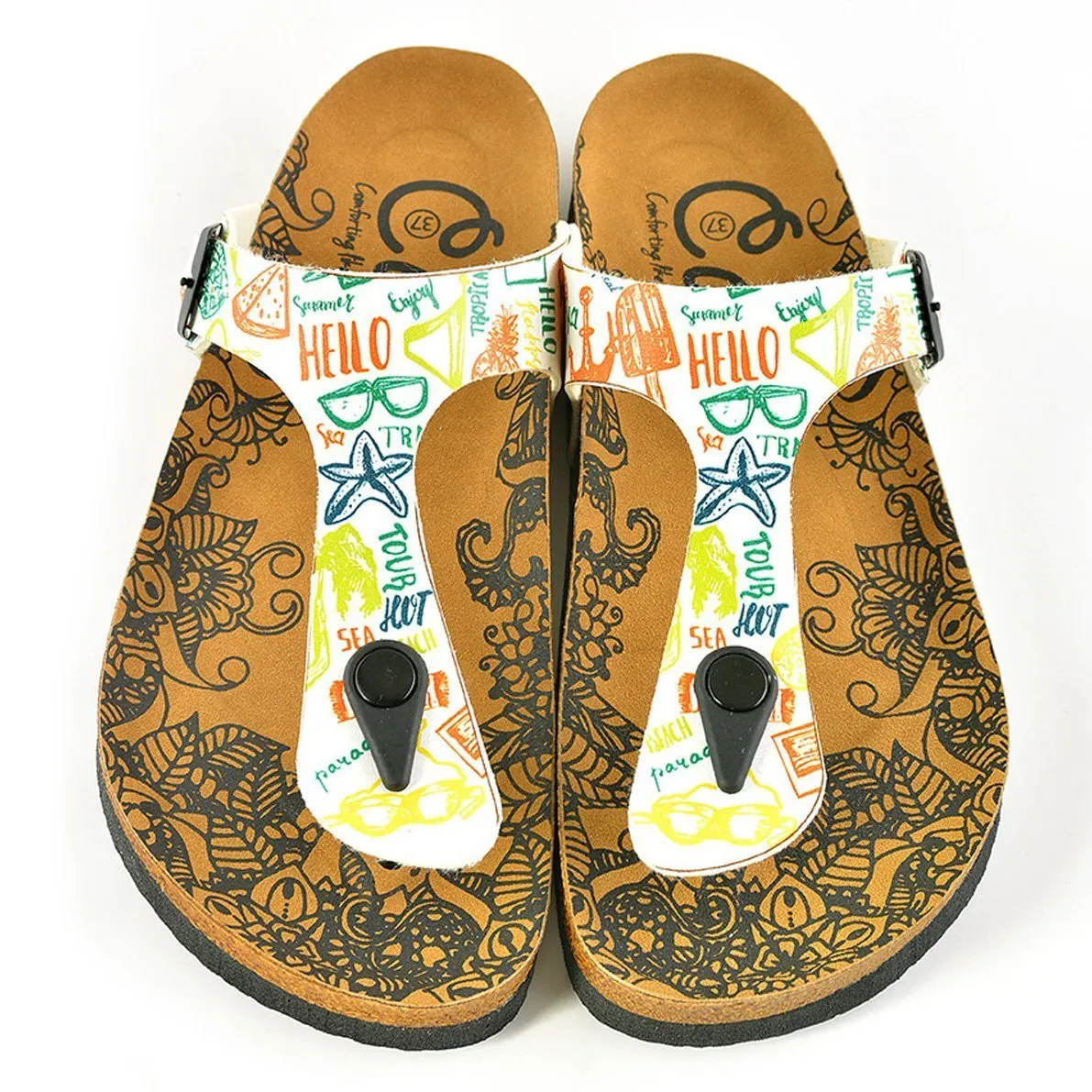 White Colored, Green, Orange, Red Patterned, Blue Sea Stared, Hello, Patterned Sandal - CAL521