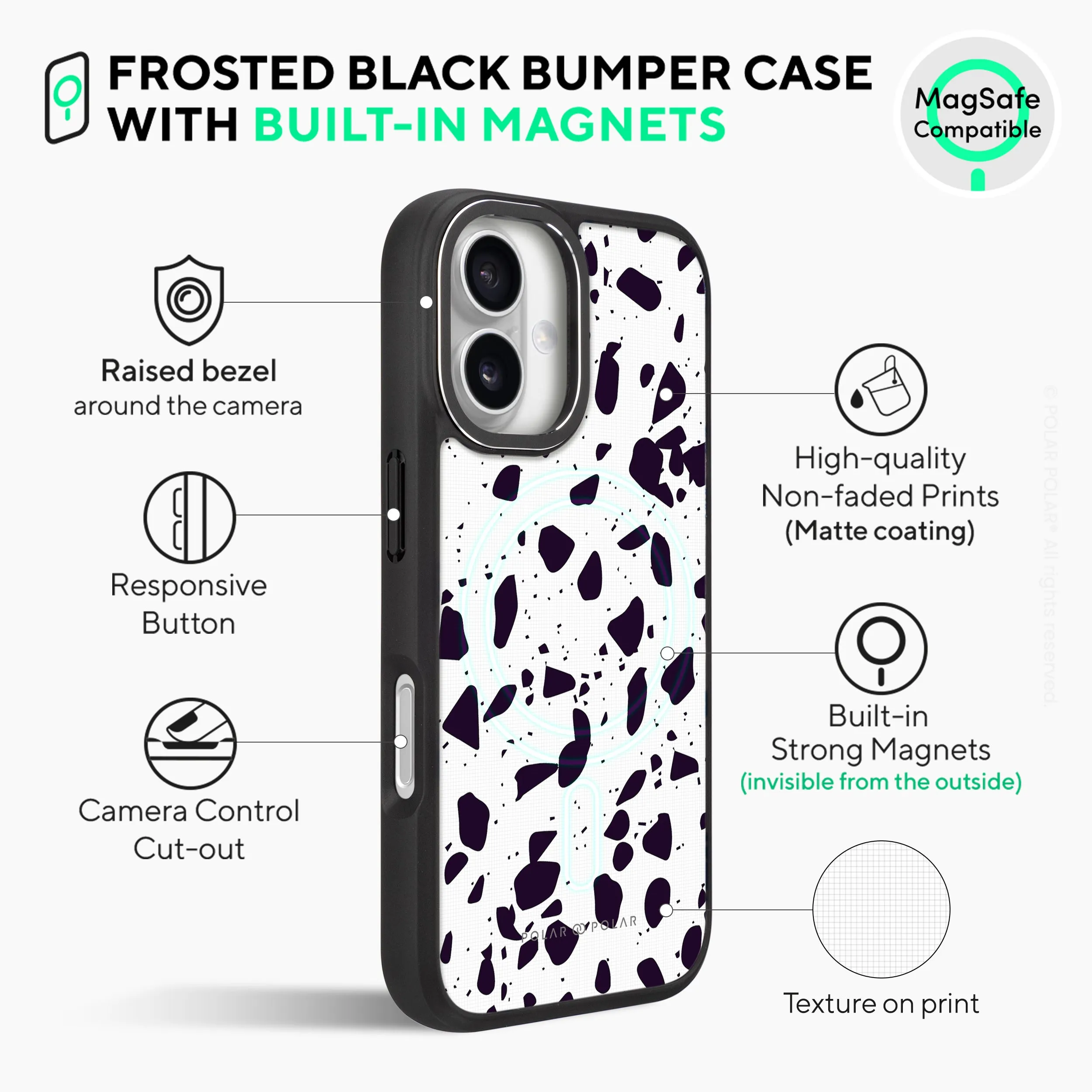 White Rocky Road Terrazzo - iPhone 16 Frosted Black Bumper MagSafe Case