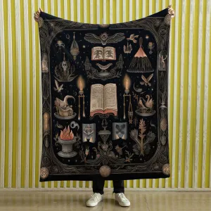 Witches Bookshelf Throw Blanket Spooky Woven Cotton Throw for Halloween, Oddities Dark Academia Decor, Skulls Black Cat Potions, Cute Magic Goth, Dark Cottagecore, skeletons and book 004