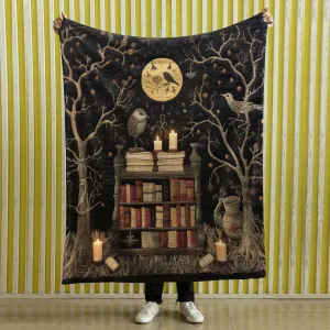 Witches Bookshelf Throw Blanket Spooky Woven Cotton Throw for Halloween, Oddities Dark Academia Decor, Skulls Black Cat Potions, Cute Magic Goth, Dark Cottagecore, skeletons and book 005