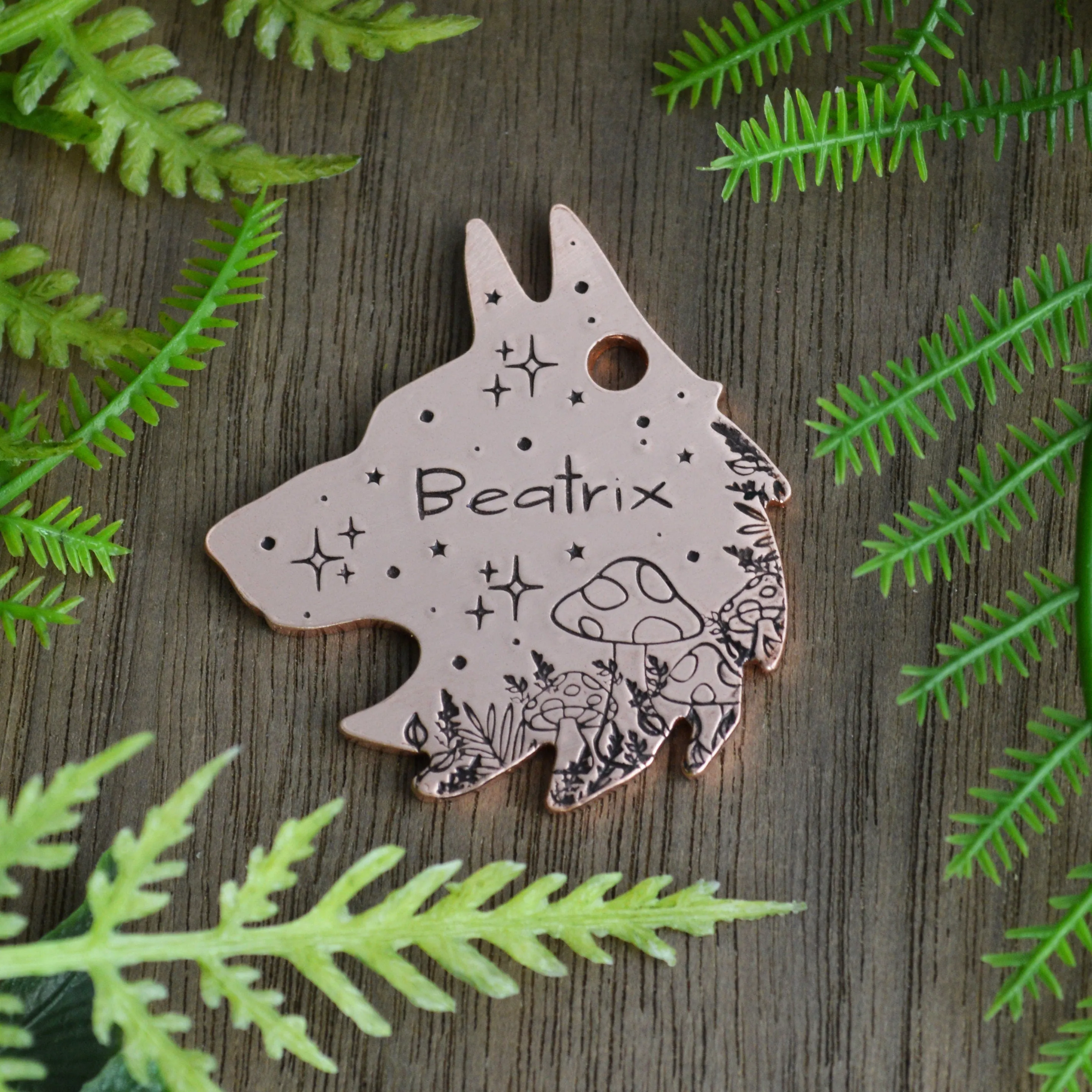 Wolf in the Meadow Handstamped Dog Collar Tag