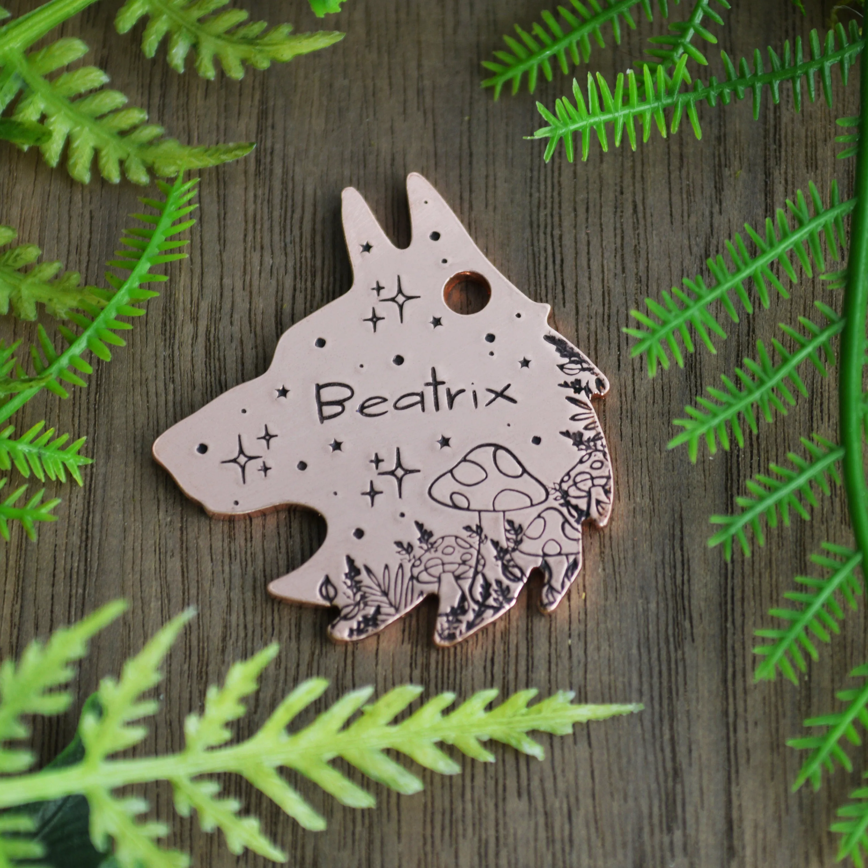 Wolf in the Meadow Handstamped Dog Collar Tag