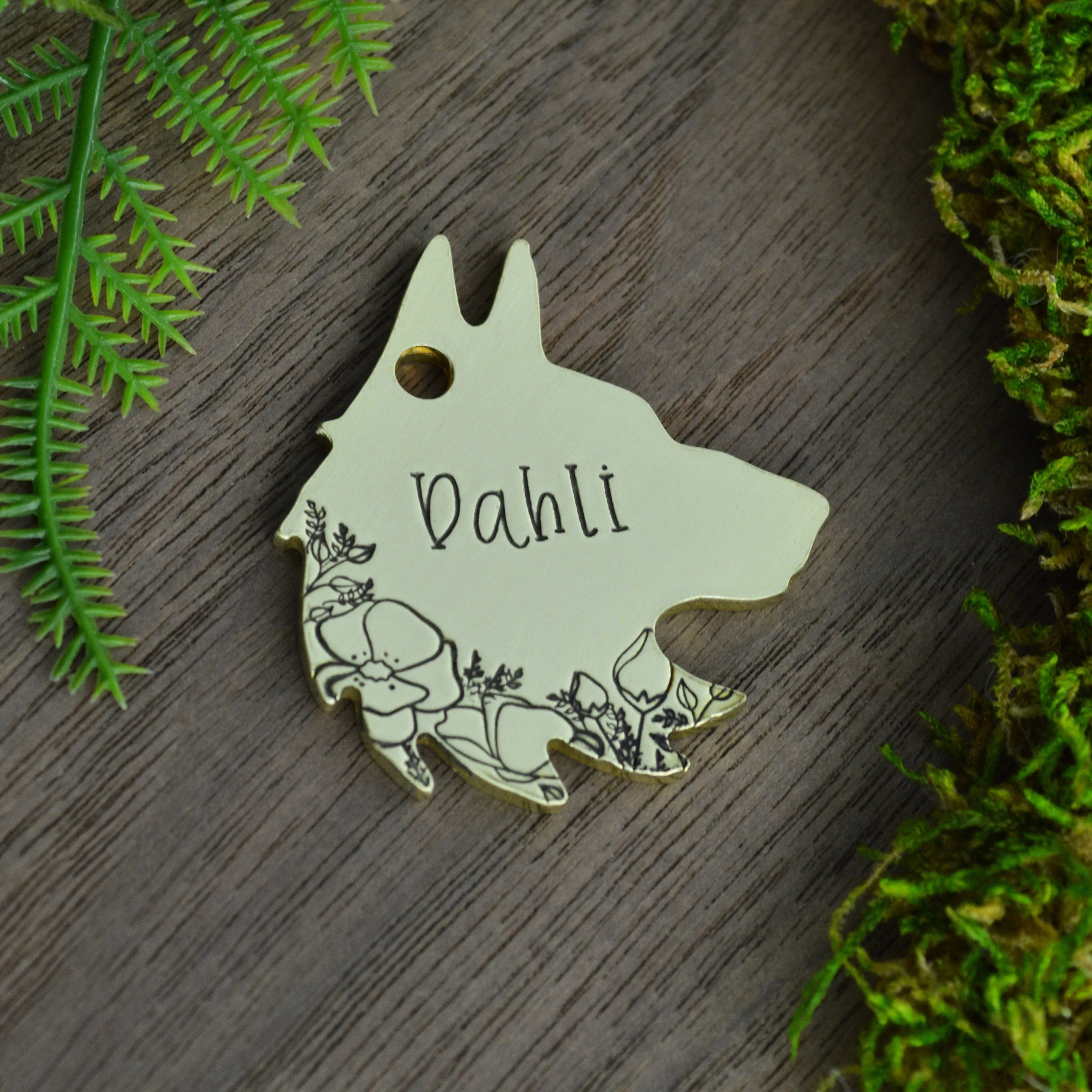 Wolf in the Poppies Handstamped Pet ID Tag