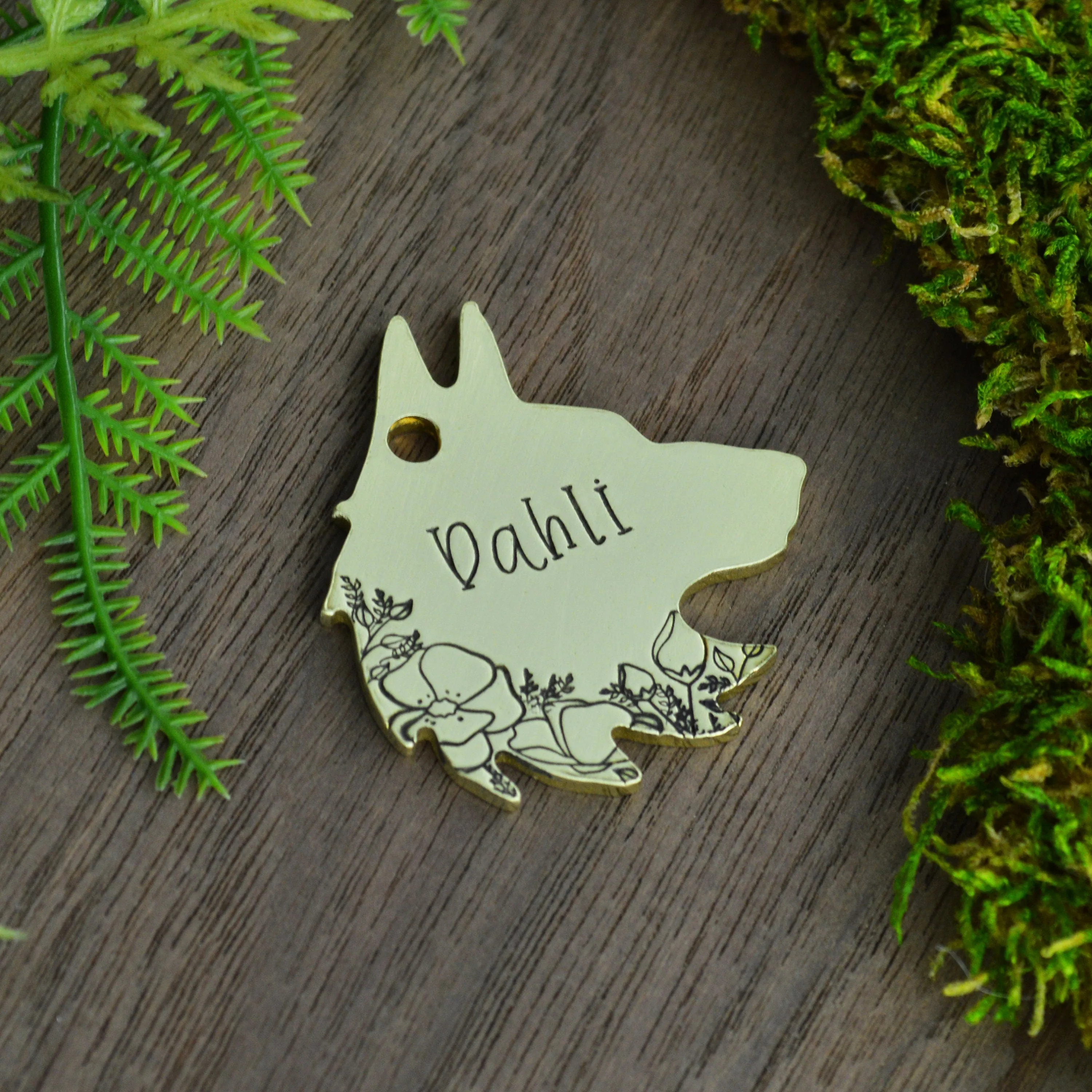 Wolf in the Poppies Handstamped Pet ID Tag