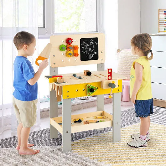 Wooden Pretend Play Workbench Set with Blackboard for Toddlers Ages 3  - Color: