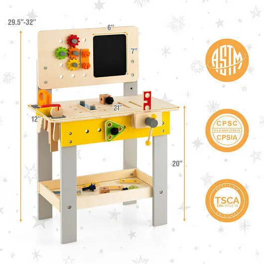 Wooden Pretend Play Workbench Set with Blackboard for Toddlers Ages 3  - Color: