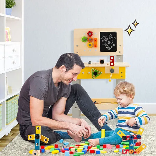 Wooden Pretend Play Workbench Set with Blackboard for Toddlers Ages 3  - Color: