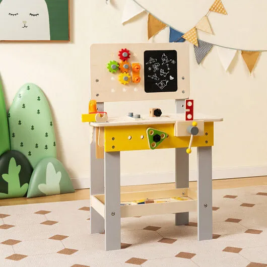 Wooden Pretend Play Workbench Set with Blackboard for Toddlers Ages 3  - Color: