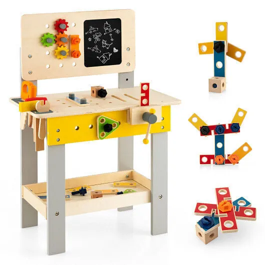 Wooden Pretend Play Workbench Set with Blackboard for Toddlers Ages 3  - Color: