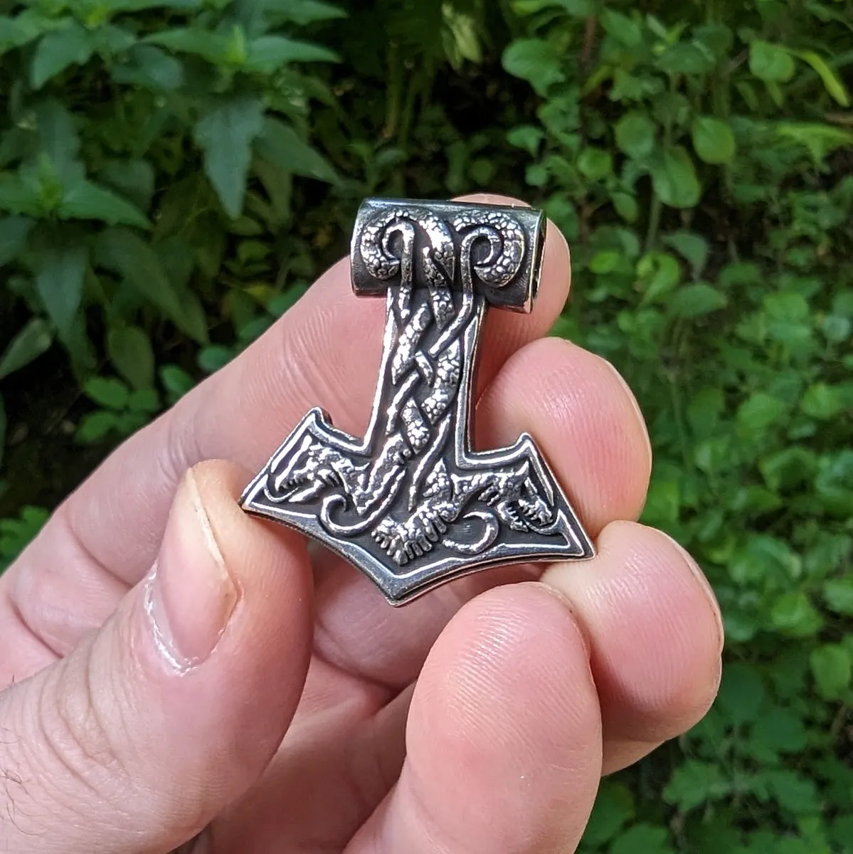 World Serpent Mjolnir silver pendant