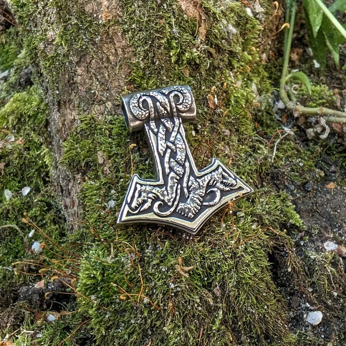 World Serpent Mjolnir silver pendant