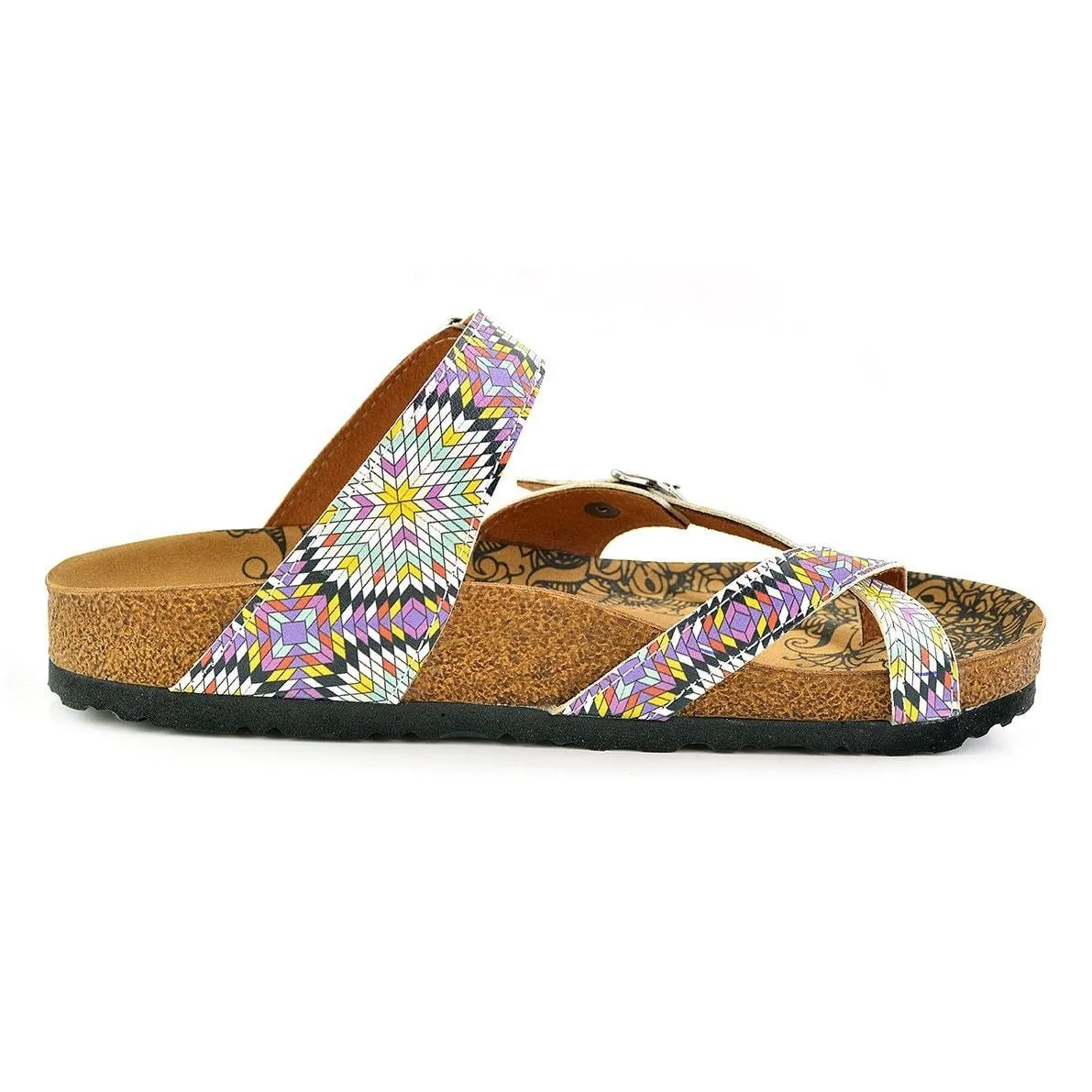 Yellow, Pink, Red Patterned and Square Shaped Sandal - CAL1004