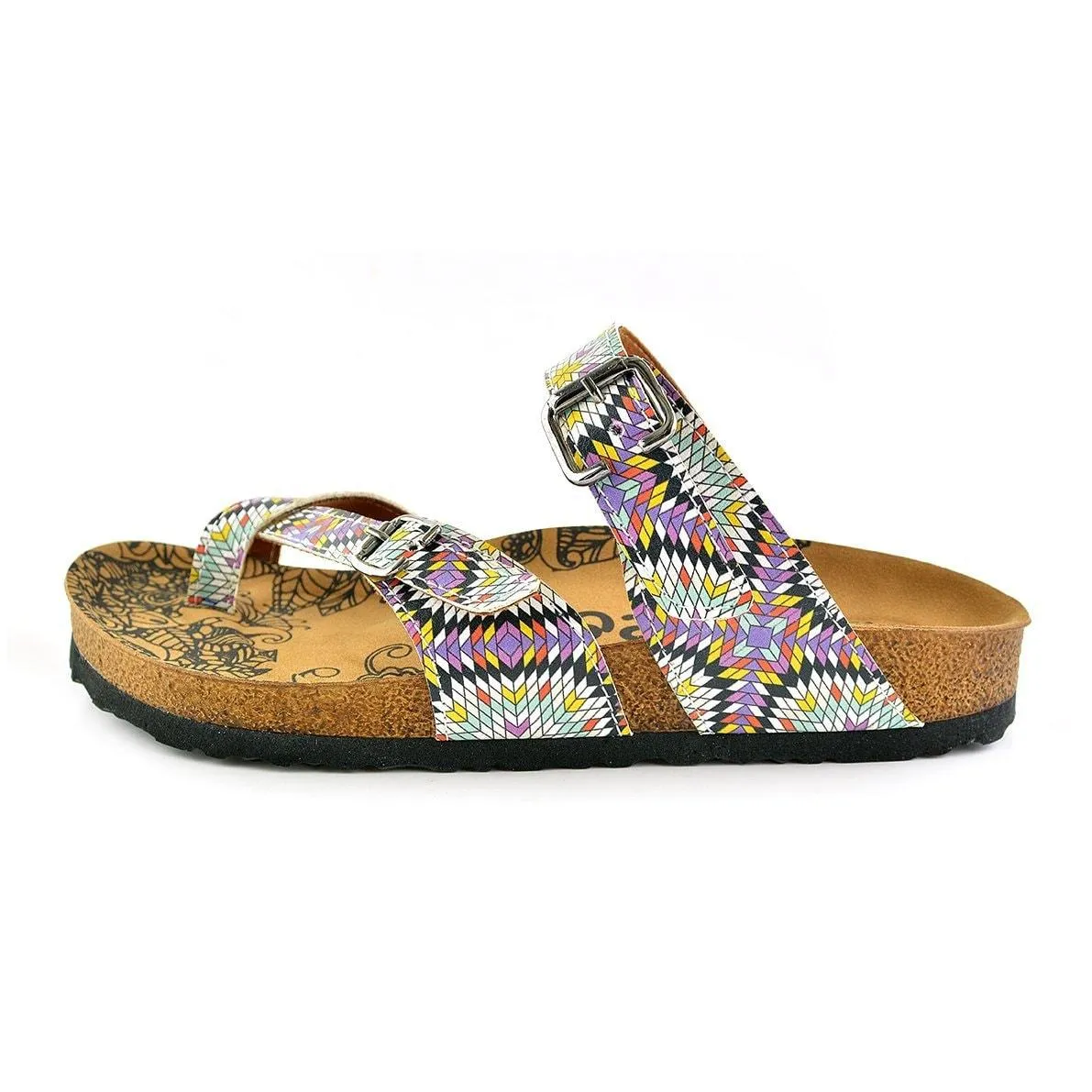 Yellow, Pink, Red Patterned and Square Shaped Sandal - CAL1004