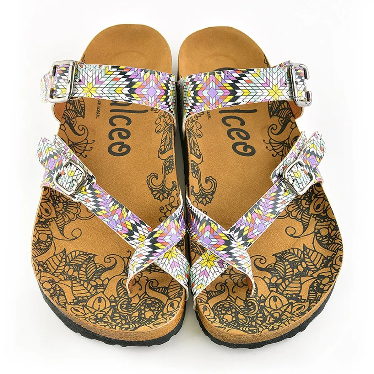 Yellow, Pink, Red Patterned and Square Shaped Sandal - CAL1004