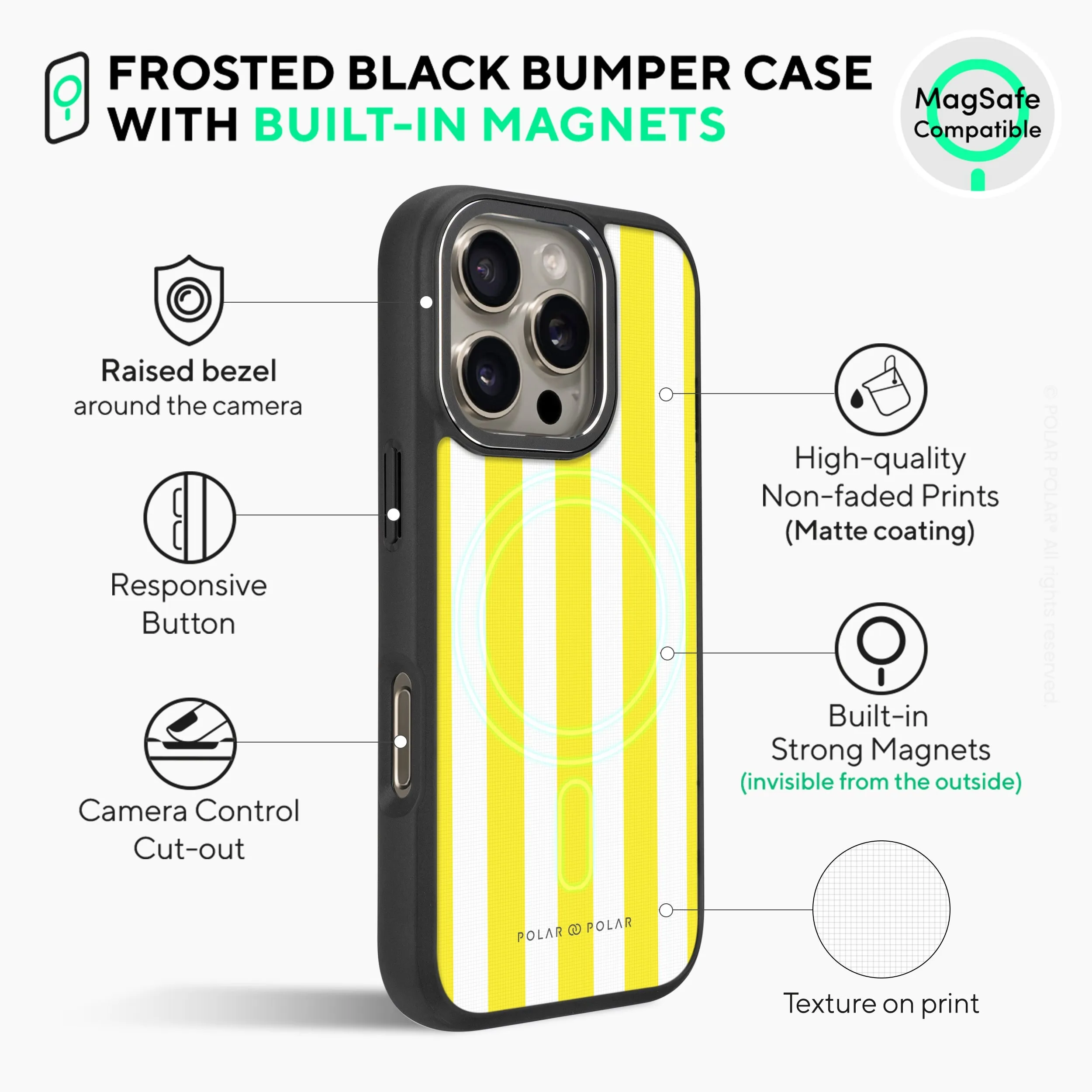 Yellow Stripe - iPhone 16 Pro Frosted Black Bumper MagSafe Case